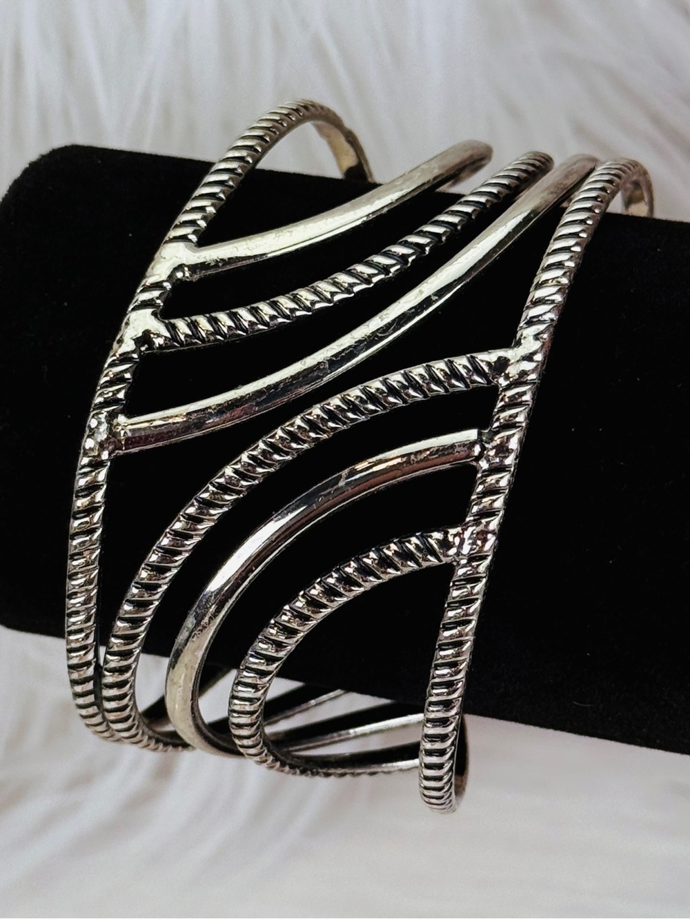 Vintage Aged Silvertone Multi-Band Swirl Statement Cuff Bracelet
